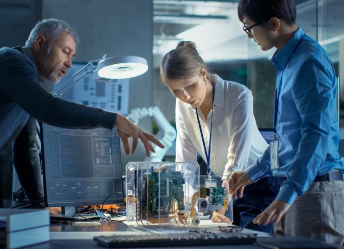 Team of Computer Engineers Lean on the Desk and Choose Printed Circuit Boards to Work with, Computer Shows Programming in Progress. In The Background Technologically Advanced Scientific Research Center.